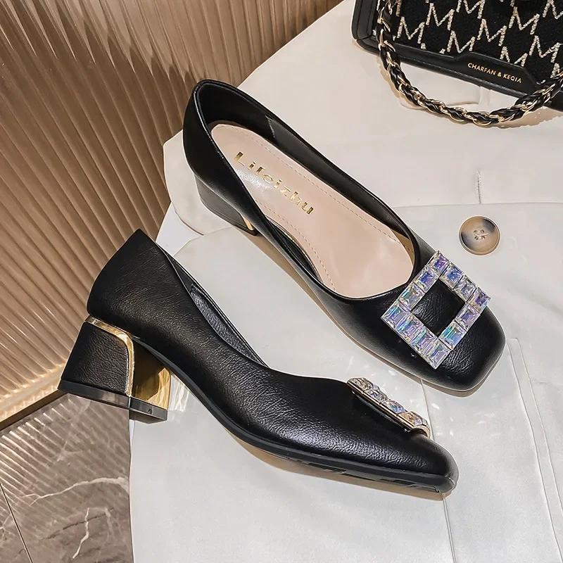 Women Shoes Square Crystal Pumps Girl Leather High Heels Shoes OL Casual Dress Shoes 35-43