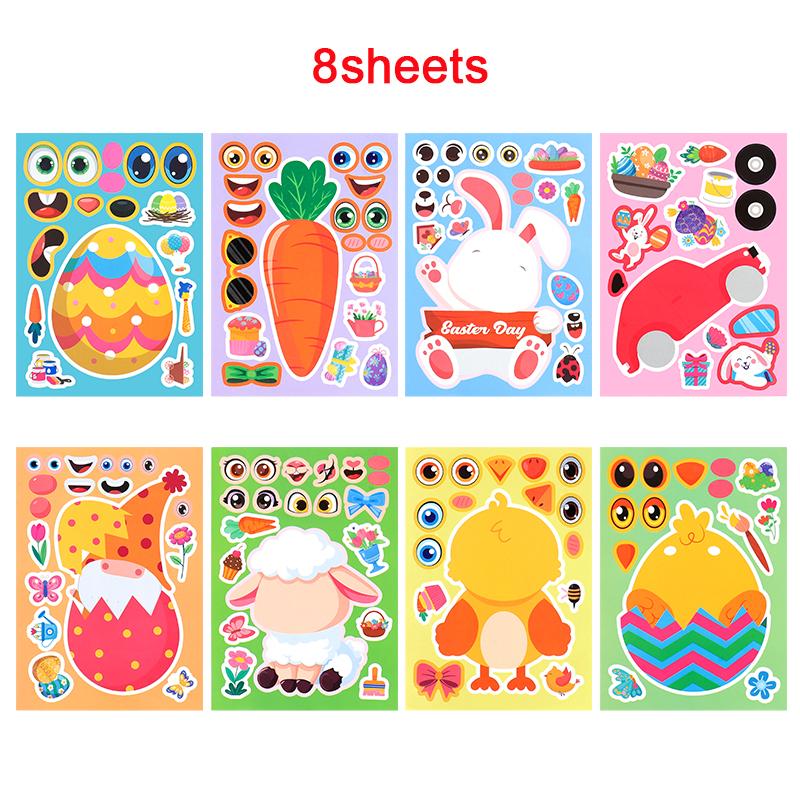 

8/16Sheets Easter Puzzle Stickers Cute Rabbit Eggs Make a Face DIY Assemble Decals Jigsaw Toys 2025 Easter Party Kids Gift Game