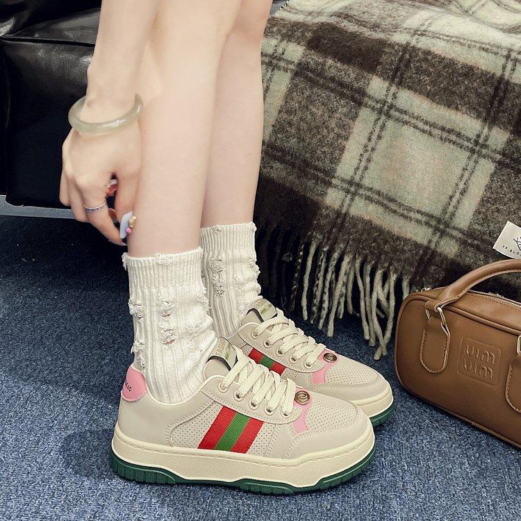 Retro Color Matching Thick Baseplate Shoes Women's Autumn 2025 New Breathable Round Head Lace-up Versatile Casual Sports Shoes