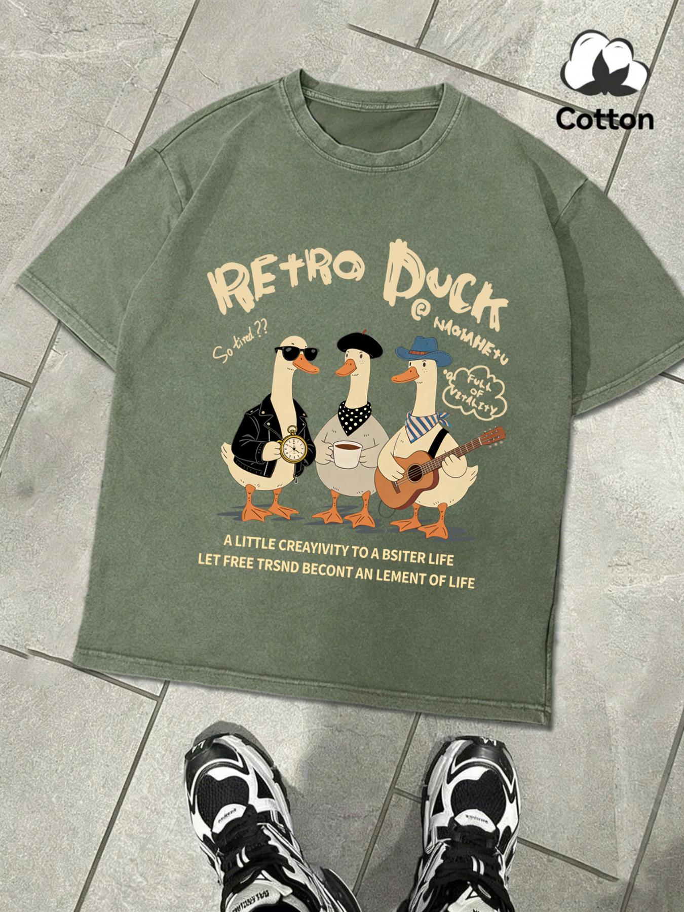 

Retro Duck With Free Time Washed Mans TShirts Loose Fashion Tee Summer Cotton Short Sleeve Unisex Retro ONeck Streetwear S