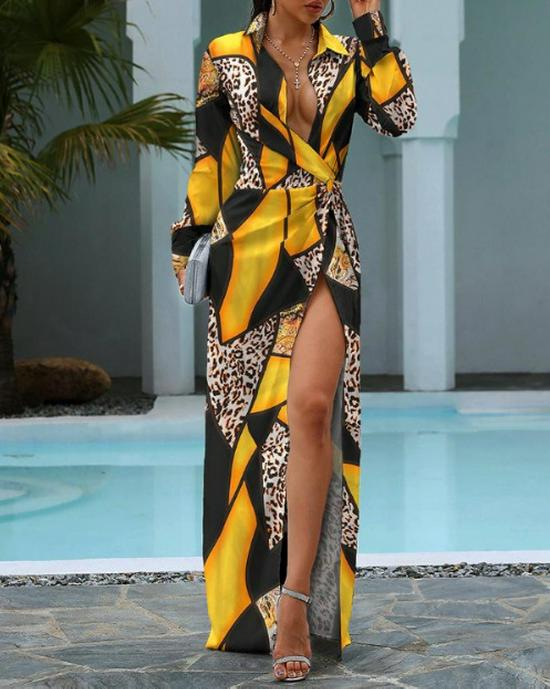 

Женское платье макси с разрезом, хит продаж - на шнуровке, с длинными рукавами, с принтом S