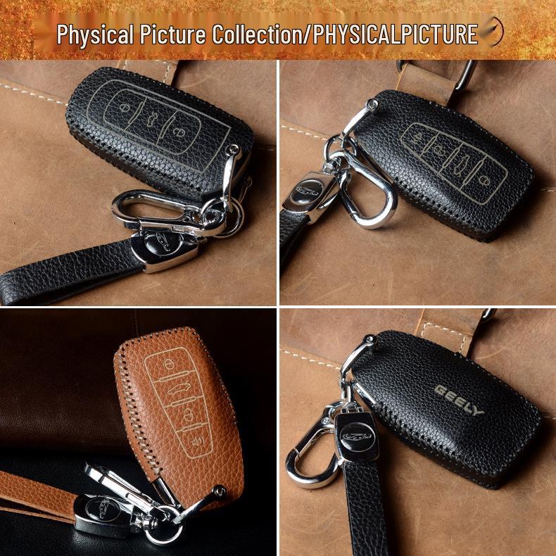 Key Case Protection Cover for Geely Models: New Emgrand GS, GL, Boyue, Vision X6/X3, S1, Borui, EC7 - Cowhide with Buckle.