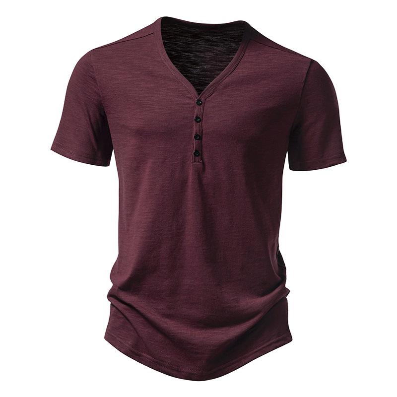 Men's Bamboo Cotton Buttoned V-Neck Short-Sleeve T-Shirt, European Size, Solid Color, Breathable, Simple Design