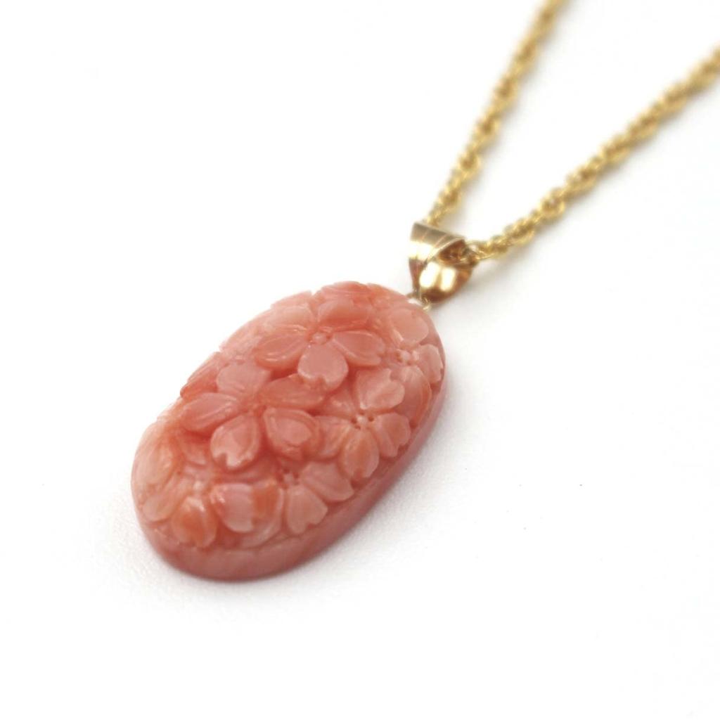Deep Sea Coral Pendant with Cherry Blossom Carving Gift Wrapping 18K Gold 25x15cm Pink 45cm Chain Included 18K Gold Chain (Free Available) Hardware,