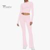 2 Pcs/Set Women Top Pants Suit Skinny High Waist O Neck Long Sleeves Pure Color Stretchy Soft Breathable Yoga Bell Bottoms T-shirt Set Spring Summer