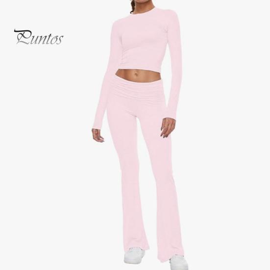 2 Pcs/Set Women Top Pants Suit Skinny High Waist O Neck Long Sleeves Pure Color Stretchy Soft Breathable Yoga Bell Bottoms T-shirt Set Spring Summer