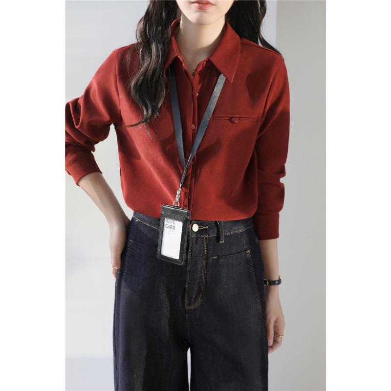 2025 Autumn/Winter Women s Retro Red Lapel Shirt: Lazy Brushed, Long Sleeve. Small красный