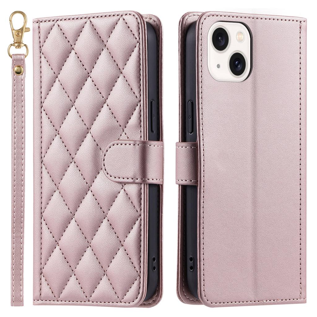 For iPhone 14 Leather Case Rhombus Grid Pattern Phone Wallet Cover