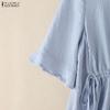 ZANZEA Women Casual Round Neck Loose Drawstring Waist Half Sleeve Blouse