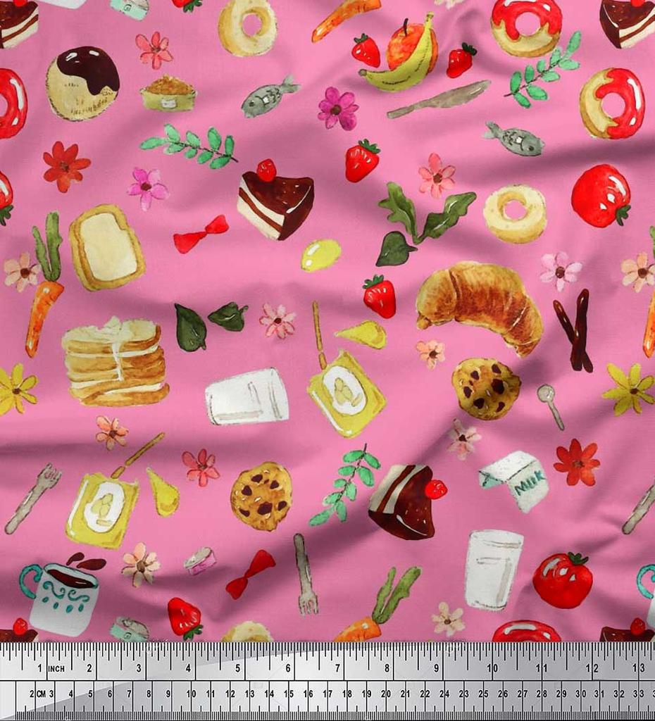 Soimoi Japan Crepe Satin Fabric Fruits,Bread & Donut Food Decor Fabric Printed metre 42 Inch
