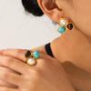 Turquoise Stainless Steel Jewelry Set: Open Ring & Tiger Eye Earrings - Luxurious High-End Look
