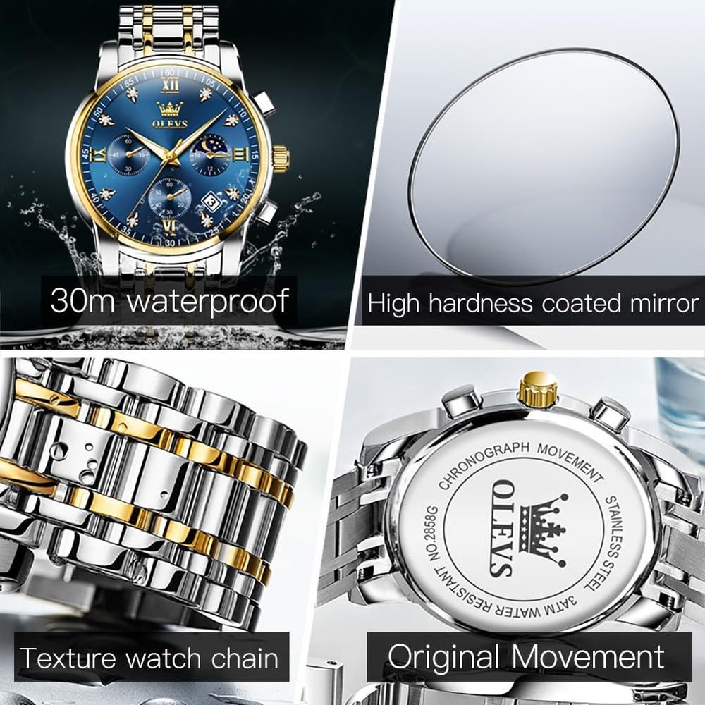 OLEVS Men's Luxury Large Face Quartz Stainless Steel Waterproof Watch Silver Gold Blue Dial Round Business Wristwatch