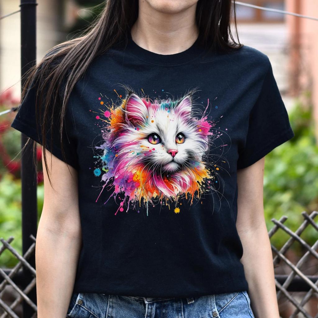 Turkish Angora Cat Color Splash Unisex T-Shirt Black Navy Dark Heather