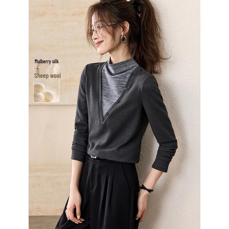 Women s Wool Blend Contrast Semi-High Collar Base Layer T-Shirt L