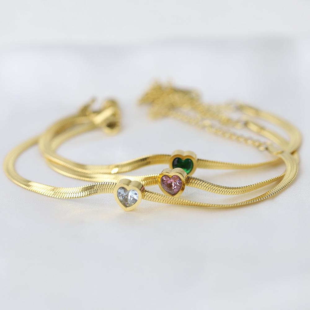 14K Goud Roestvrij Staal Hart Armband met Diamant en Zirkonia in Groen, Wit en Roze