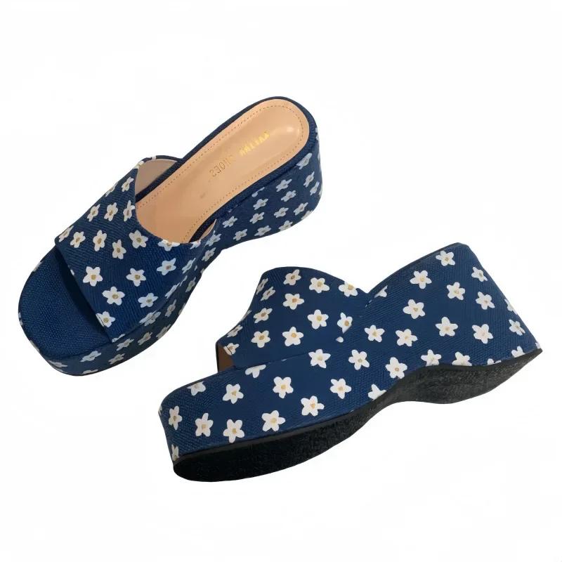 Blue Heels Sandals Women Slippers Beige Flowers Platform Chunky Heels 9cm Sandals Summer Shoes Women Zapatos De Mujer 2025