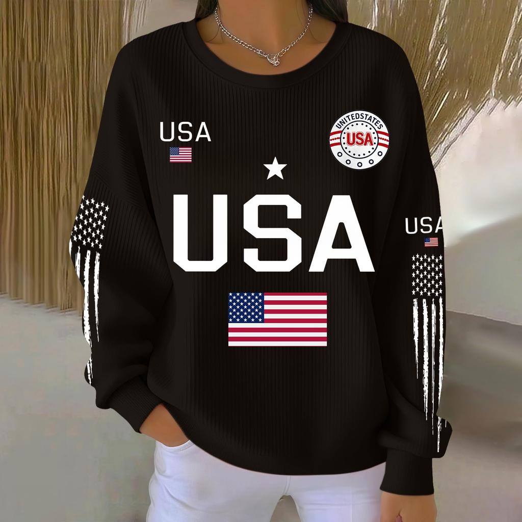 Bluza z długim rękawem z nadrukiem liter USA, z okrągłym dekoltem, casualowa, luźny krój, top dla kobiet, mężczyzn, unisex, wzór flagi