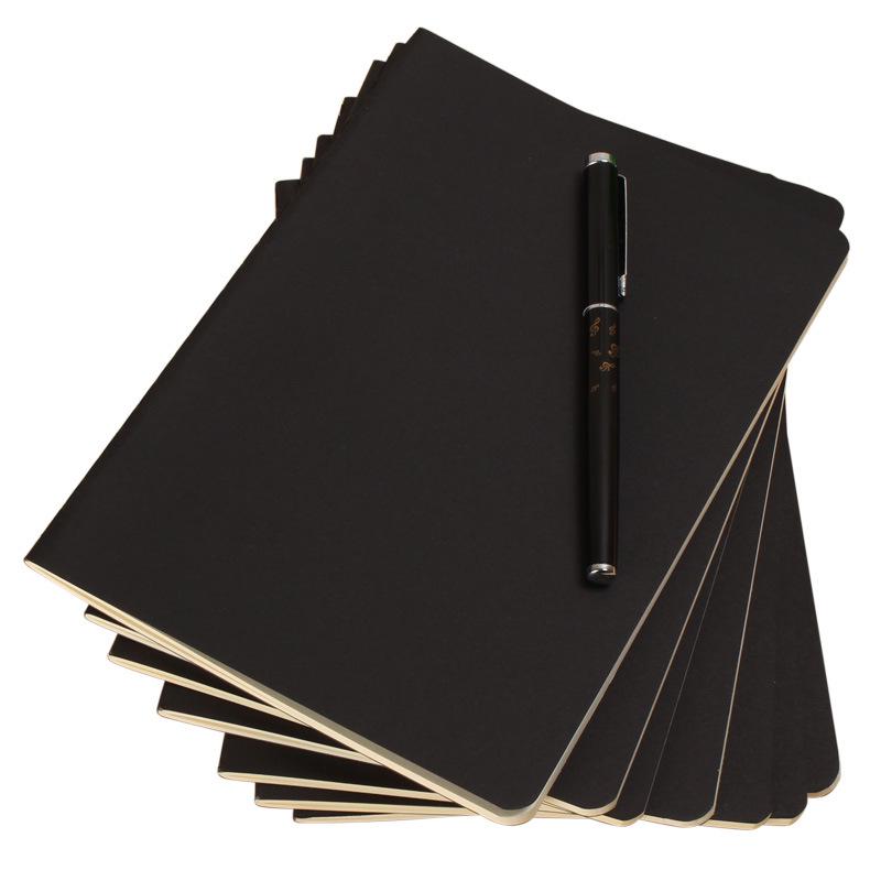 A5 Black Solid Color Hand-Sewn Sketchbook with Blank Inner Pages for Drafting and School Stationery.