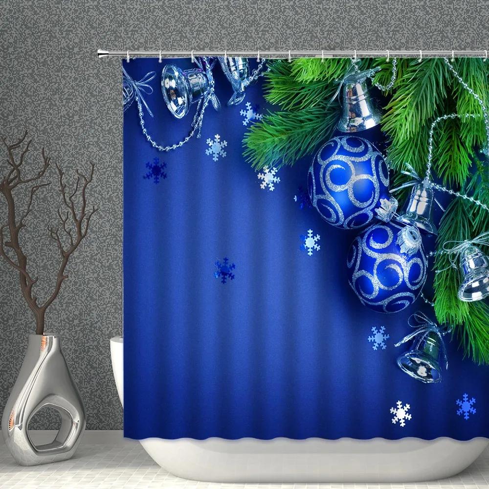 ChristmasTree Bells Shower Curtain Set Happy New Year Waterproof Polyester Cloth Curtains With Hooks Bathroom Home Decor