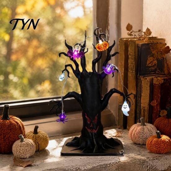 Desktop Decorations for Home Halloween Lighted Ghost Tree Centerpiece with LED Lights, Pumpkin Bat Spooky Desk Ornaments Spider Light String,
