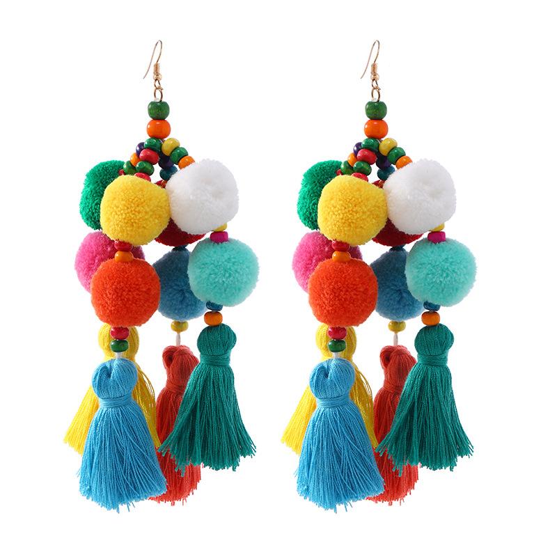Niche personality color pom-pom earrings women's retro exaggerated bohemian vacation long fringed earrings