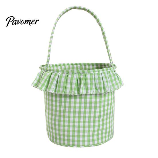 Trick or Treat Baskets Halloween Basket, Plaid Ruffle Candy Bucket with Handle Bags for Kids Kids, Reusable Gingham Fabric Storage Basket Party Favors
