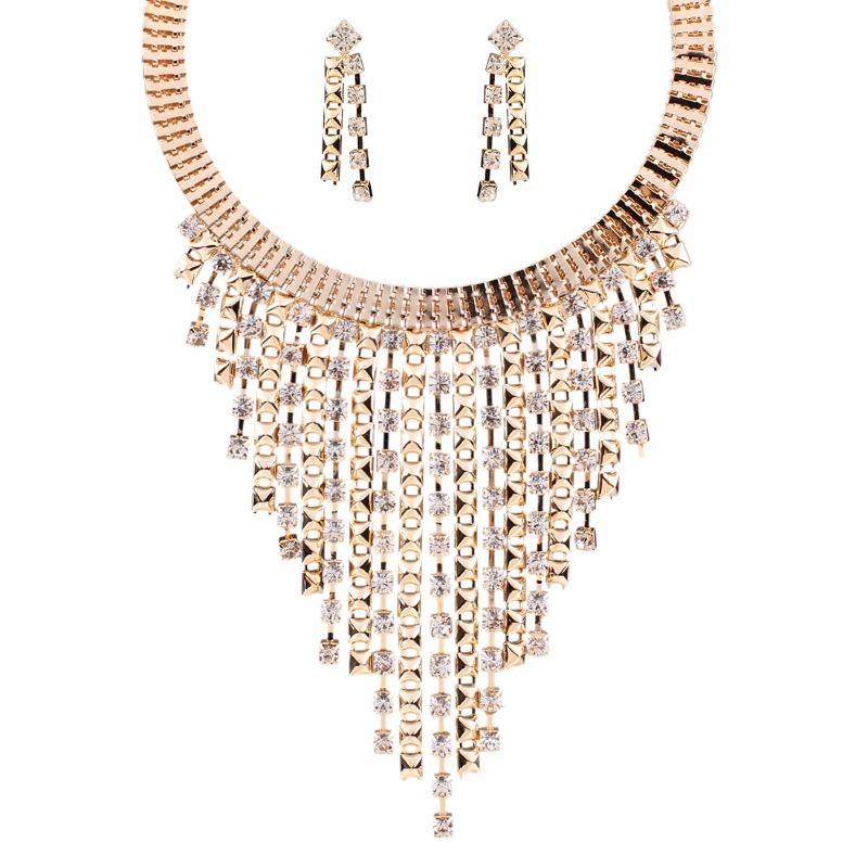 Stylish Multi-layer Fringed Diamond Necklace Earrings Collar Jewelry