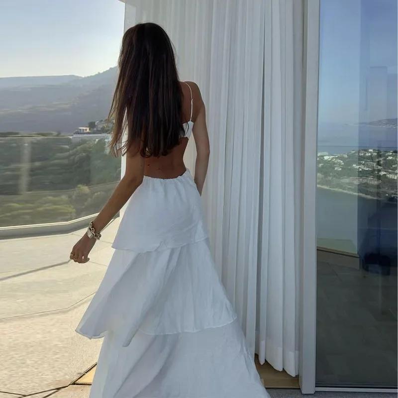White Flower Sling Dress Women Hollow Out Sleeveless Backless Ruffles Party Long Holiday Dresses Female