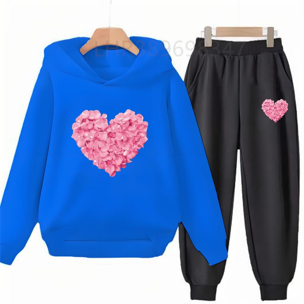 Heart-Shaped Children's Hoodies Suit Top+Bottom Girls Pink Boy Black Age 3-12 Coat Casual Toddler Long Sleeves Autumn Clothing
