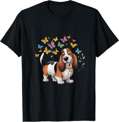 Basset Hound Hund mit Schmetterlingen Grafik-T-Shirt Lässiges Baumwoll-T-Shirt für Herren Frühling Herbst