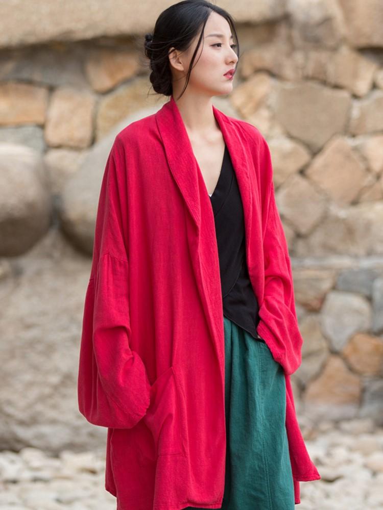 

Johnature женские винтажные однотонные рубашки, топы, льняные весенние блузки с длинными рукавами, рубашки с рукавами «летучая мышь» One Size красный