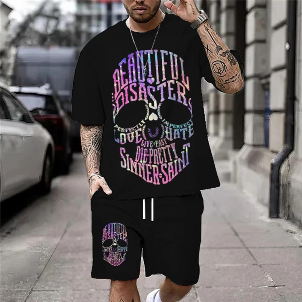 Summer New Casual Men's Skull Print T-Shirt Set Fashion Streetwear Tees Loose Oversized Breathable Soft Short Sleeves And Shorts