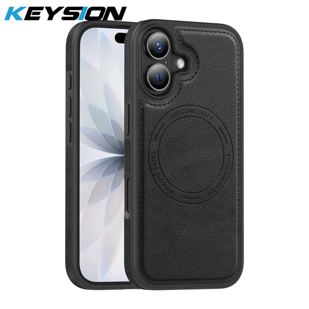 KEYSION Luxury Retro PU Leather Case for MagSafe for iPhone 16 Pro Max Magnetic Shockproof Phone Back Cover for iPhone 16 Plus for iPhone 16 чёрный