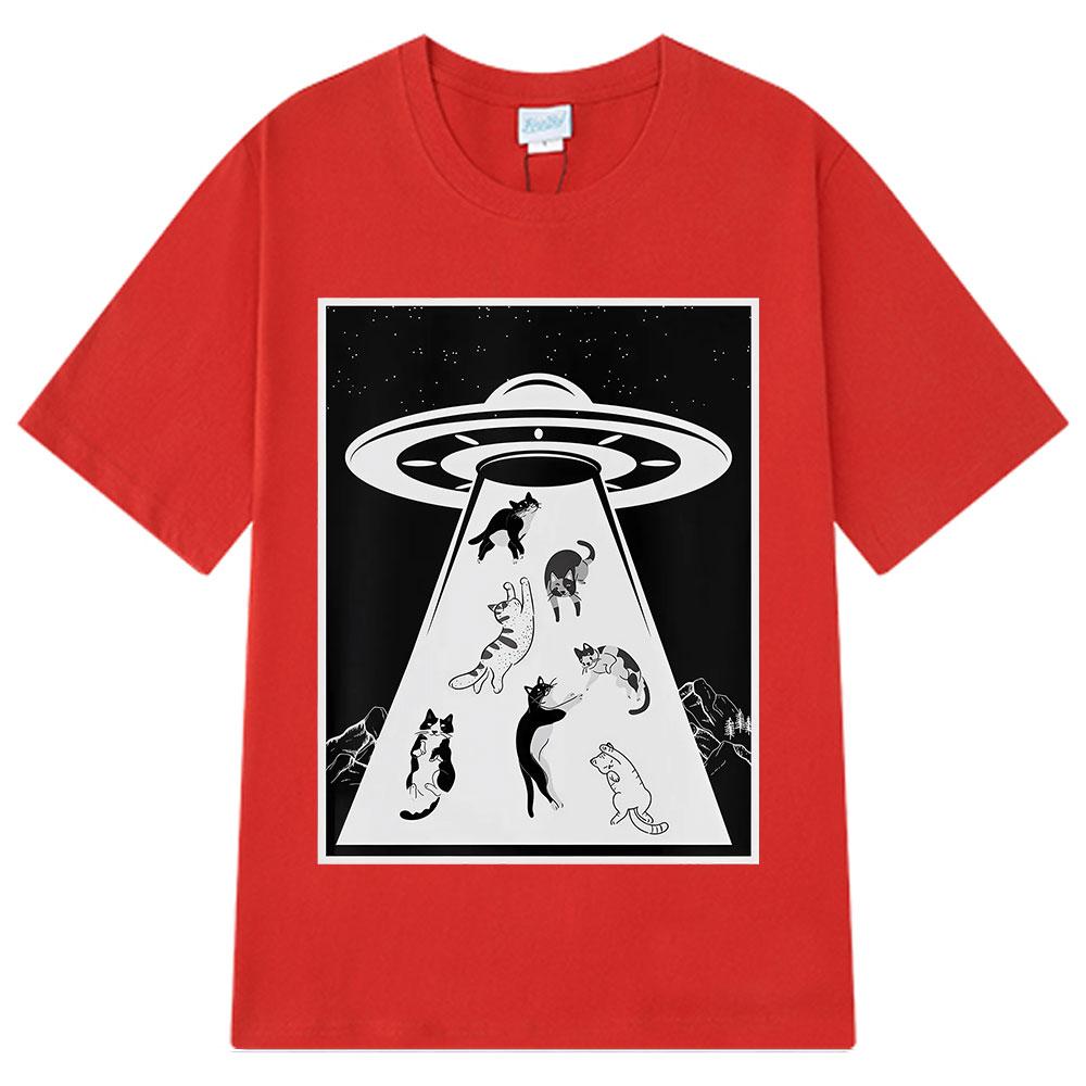 Funny UFO Cat Alien Abduction Cats  Novelty Graphic Tees Men Women Vintage T-shirt Short-sleeved Cotton Fashion Casual T-shirts