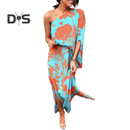 

Женское платье макси на одно плечо с рукавами «летучая мышь» с цветочным принтом и разрезом, длинное платье с плиссировкой и высокой талией, коктейльное платье для вечеринок S зелёный