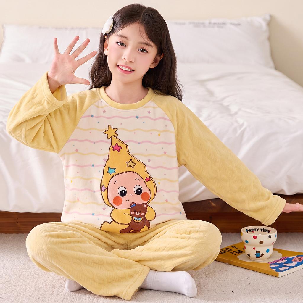 Kids Flannel Pajamas Set Boys Girls Warm Long Sleeve Top And Pants Sleepwear Winter Home Nightwear