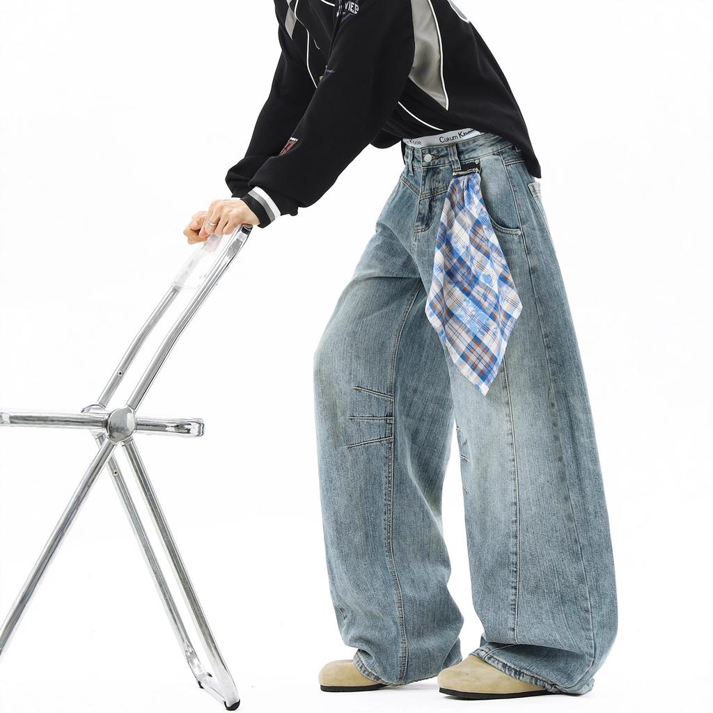 American Retro Plaid Square Scarf Scimitar Jeans Men's and Women's Design Sense Loose Wide Legs Mopping Floor Feeling Deconstruction Trousers