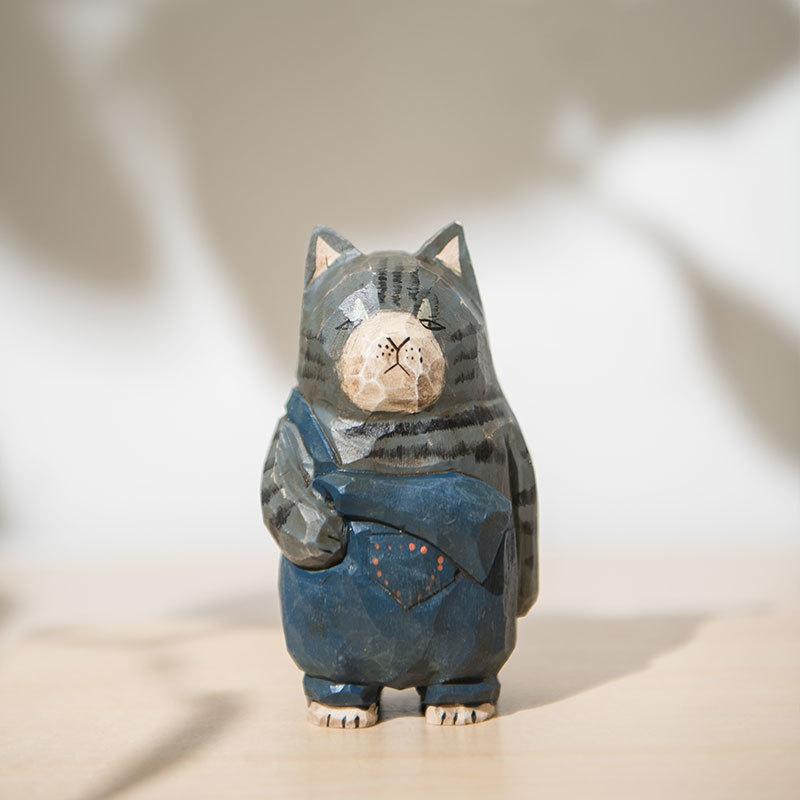 Wooden Cat Sculpture Creative Home Office Desk Ornament For Gifts And Decor