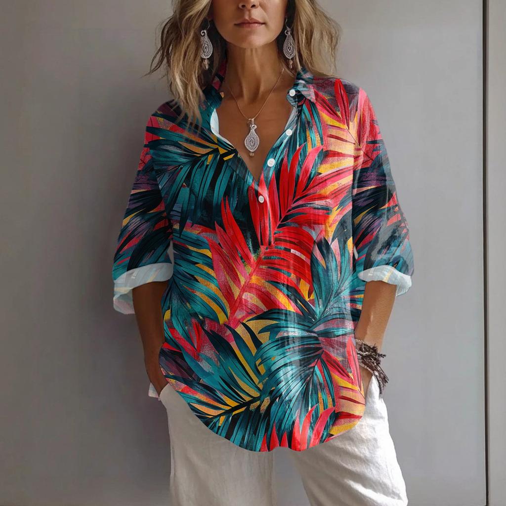 Women's Casual Spring And Summer Loose Printed Casual Sleeved Lapel Pullover Shirt