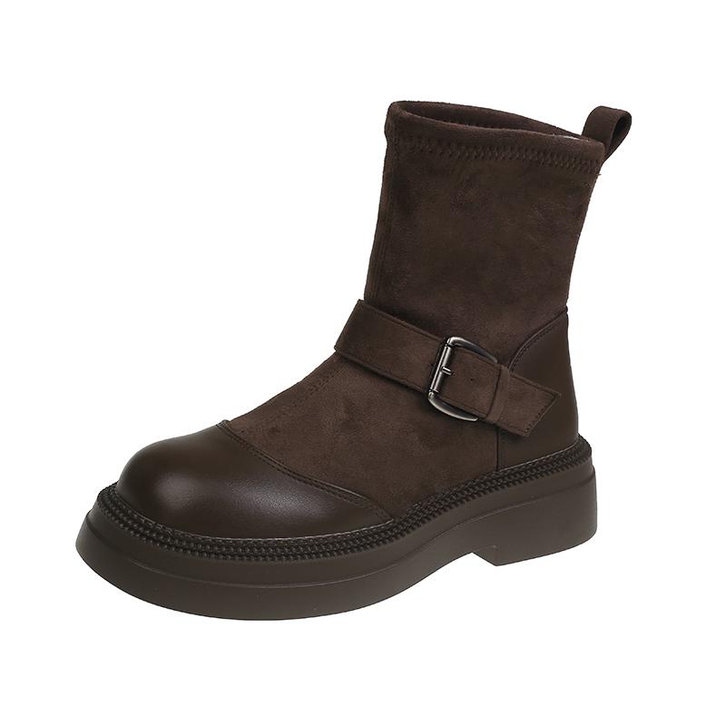 

Осень Новые Однотонные Ботильоны на Толстом Каблуке Женские с Круглым Носком Замшевые с Вставками Стразы Квадратная Пряжка Короткие Ботинки 40