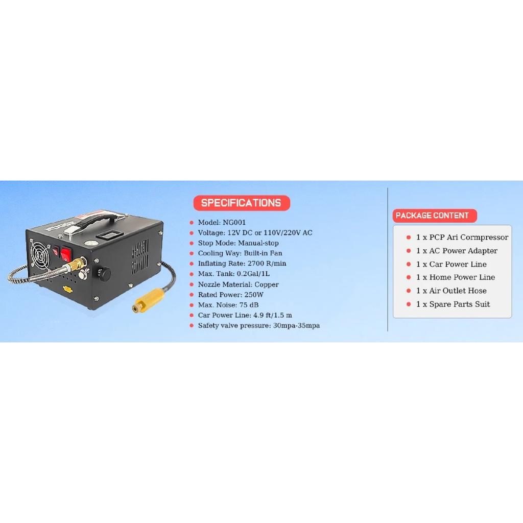 NUOGE 4500Psi 30Mbar Air Compressor Air Pump 12V/110V/220V Power Oil/Water-Free High Pressure Apply To Diving Bottle