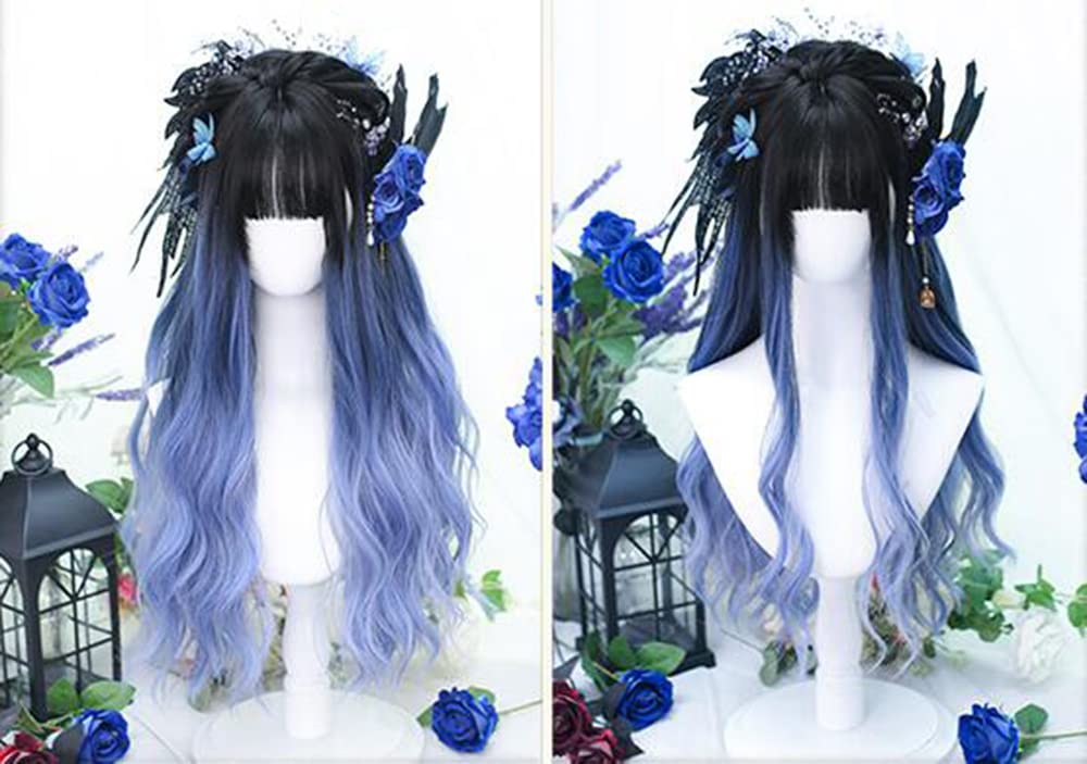 Lolita Wig, GAL Style, Semi-long Wig, Perm, Harajuku Style, Dreamy, Dark, Cute, Cosplay, Party, Lolita Style, Everyday Wig, Black, Blue, Gradient Wig
