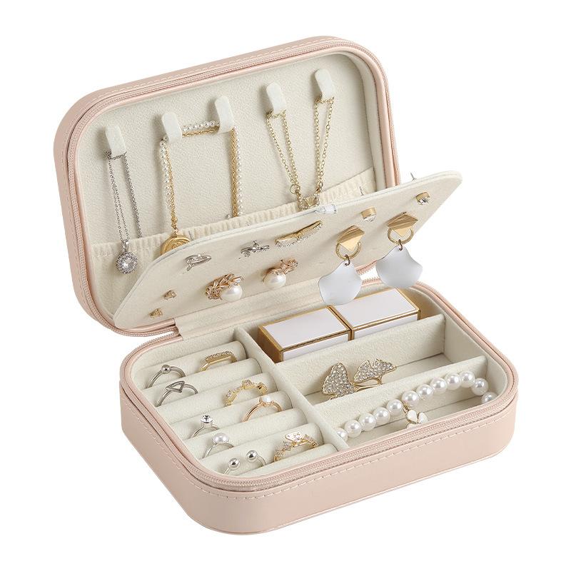Leather Zipper Stud Earrings Storage Jewelry Box with Baffle Earrings Ring Large Capacity Jewelry Jewelry Portable Box