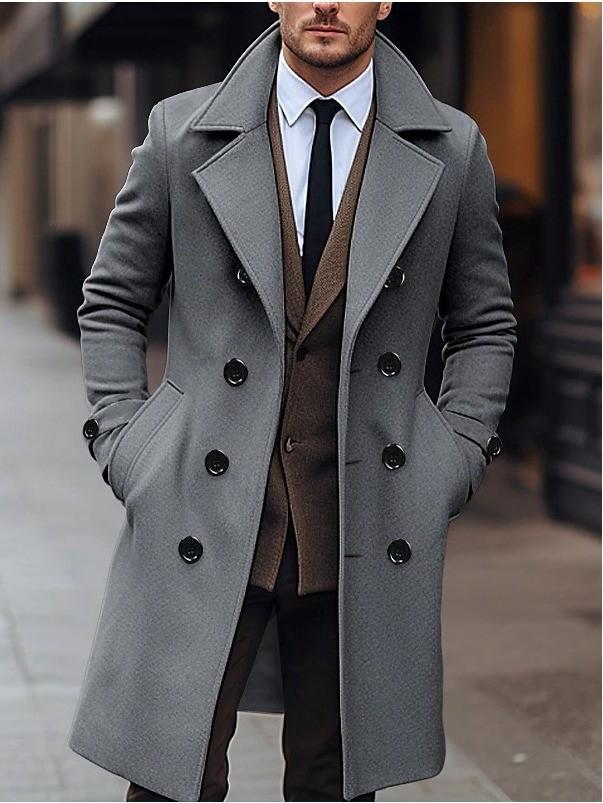 Men's Woolen Double-Breasted Mid-Length Trench Coat - European & American Fashion, Korean Style