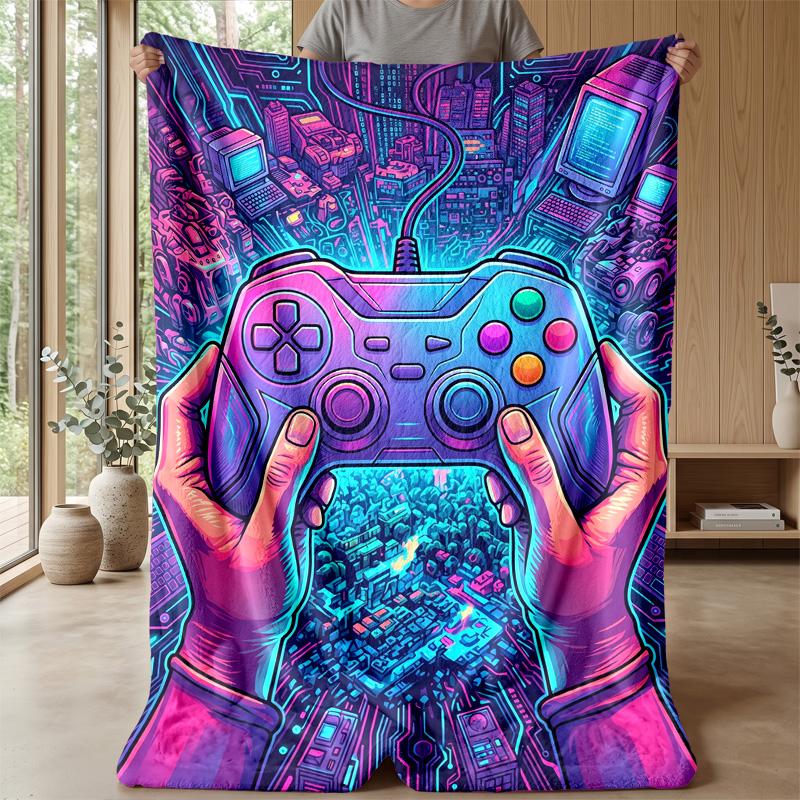 Cyberpunk Gamepad City blanket Personalized Name Flannel Blanket Soft Cozy Plush Throw for Sofa Bed Lightweight Home Decor
