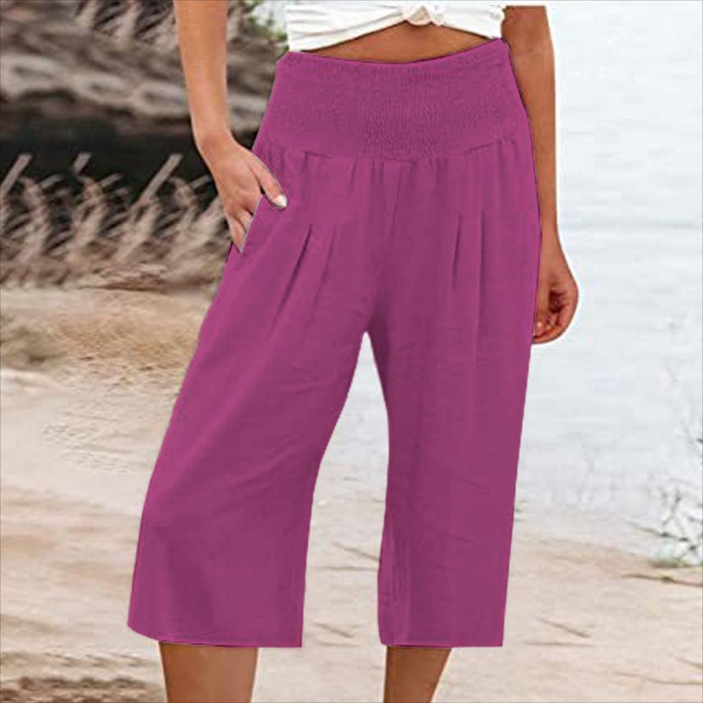 Summer Eurn Women's Cross-border Cotton Hemp Seven Waist Pocket Pocket Pocket Pocket Wide Leg Pants Woman