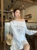 2026 Summer Plus Size Asymmetrical Neck Long Sleeve Top with Sweet Design Print