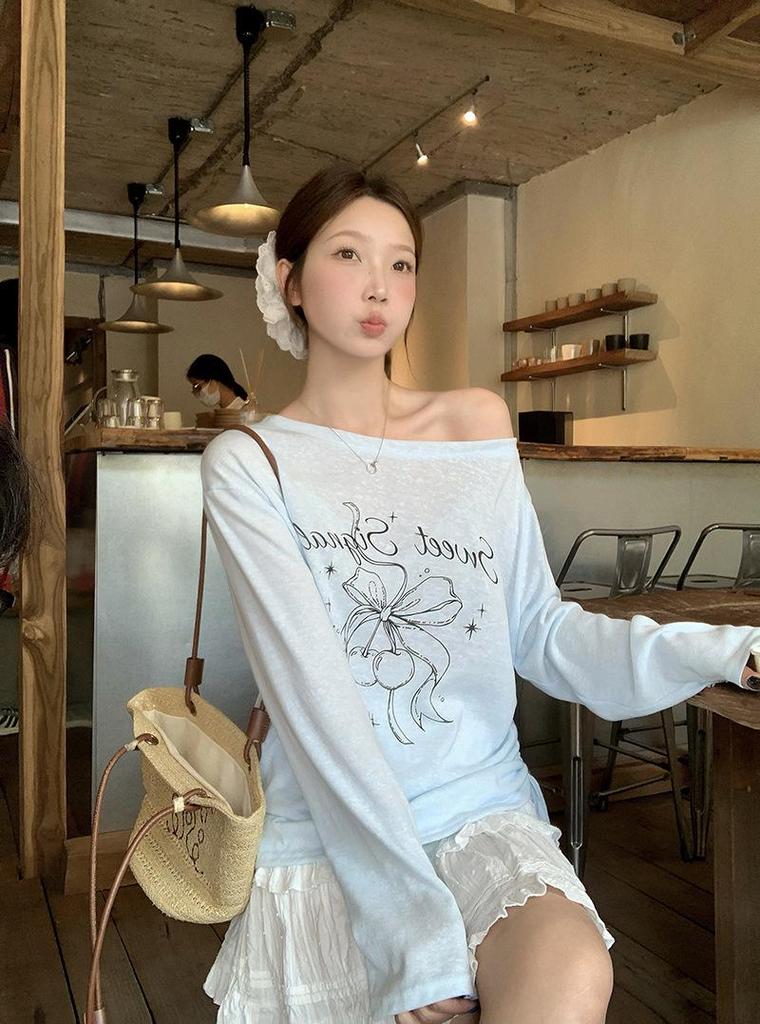 2026 Summer Plus Size Asymmetrical Neck Long Sleeve Top with Sweet Design Print
