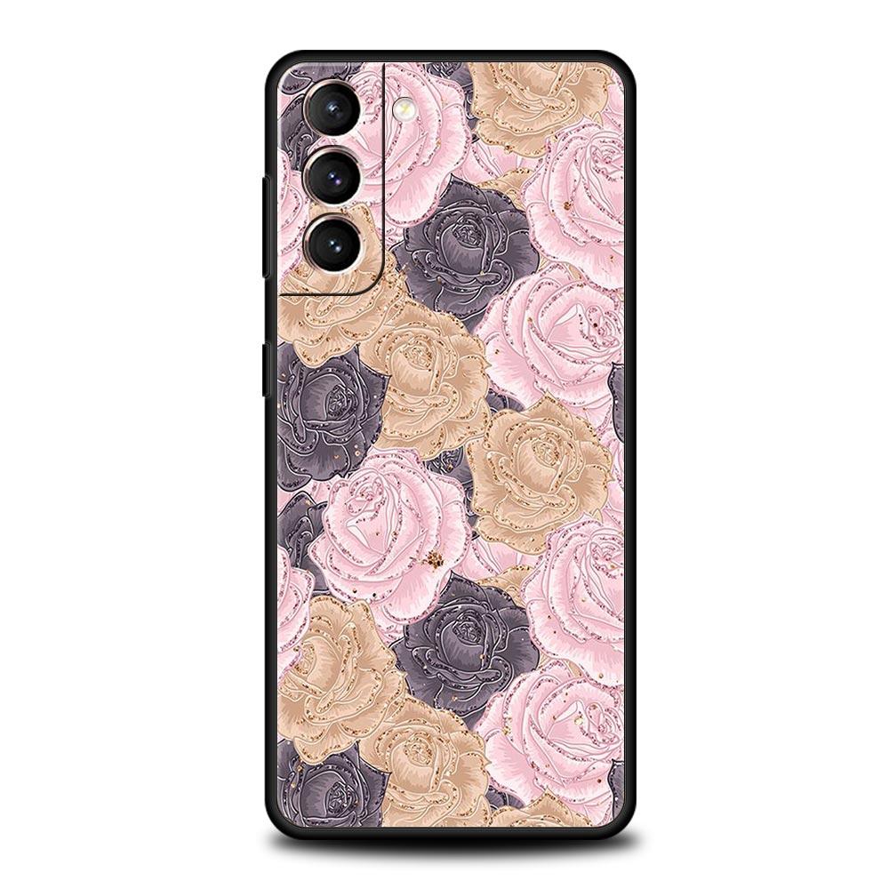 Gold Rose Love Heart Phone Case For Samsung Galaxy S26 Ultra S25 Plus S24 FE S23 S22 5G S21 S20 Cover Black Soft