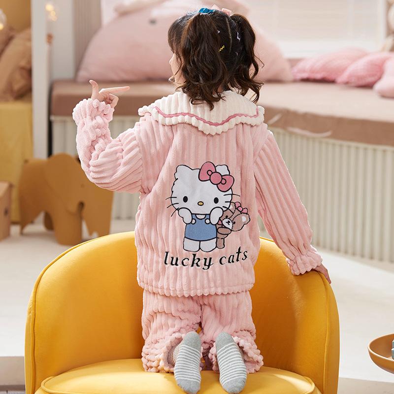 Kids Flannel Pajamas Set Boys Girls Warm Long Sleeve Top And Pants Sleepwear Winter Home Nightwear
